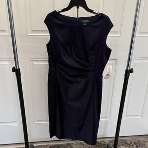 Ralph Lauren Sleeveless Navy Pleated Sheath Midi Dress
